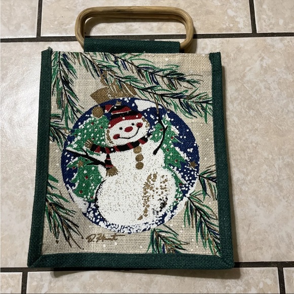 Jute Burlap Painted Wooden Handles Tote Bag Christmas Snowman Signed - Picture 7 of 14
